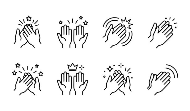 Hand clapping outline icon set with applause and ovation gesture symbols isolated on white