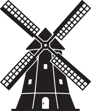 Also transparent background, black and white, traditional windmill silhouette, flat on transparent background
