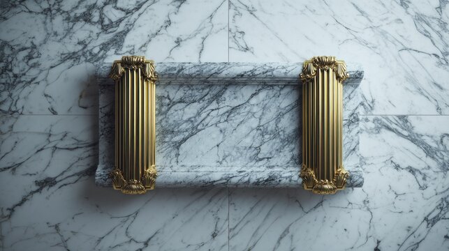 Ornate gold pilasters frame a rectangular marble panel set against a larger white and gray veined stone background.