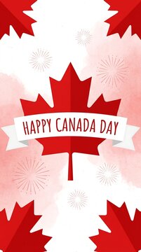 Happy canada day celebration with red maple leaf and fireworks