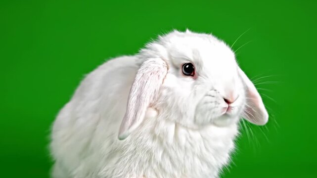 White Lop Ear Rabbit Poses with Green Screen Background Cinematic Motion Studio Lighting