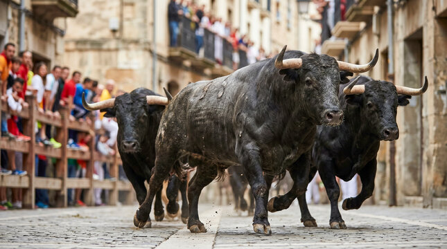 Detalle de toros en movimiento durante un encierro tradicional.