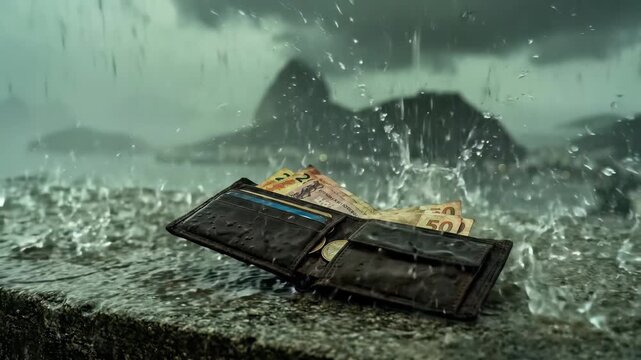 A black wallet lies partially submerged in rain-soaked terrain as torrents of water crash against it. Nearby, crumpled bills flutter in the wind amid a moody, atmospheric setting.