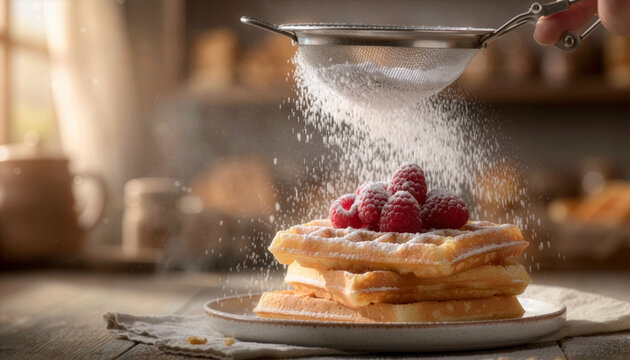 Dusting icing sugar through mesh strainer onto stacked waffles with red raspberries in kitchen setup