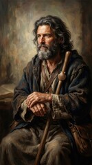 Fototapeta premium Saint james the apostle, venerable bearded man clad in pilgrim tunic, clasping wooden staff bearing scallop shell, deep spiritual contemplation, ancient religious personage.