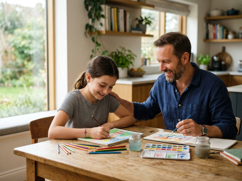 Padre e hija dibujando juntos