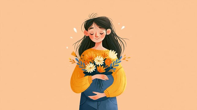 Expectant mother holds pretty flowers, showing peace and happiness. She's in comfy clothes, looking lovely and appreciating her pregnancy.