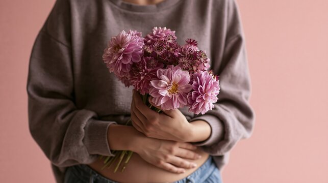Expectant mother holds pretty flowers, showing peace and happiness. She's in comfy clothes, looking lovely and appreciating her pregnancy.