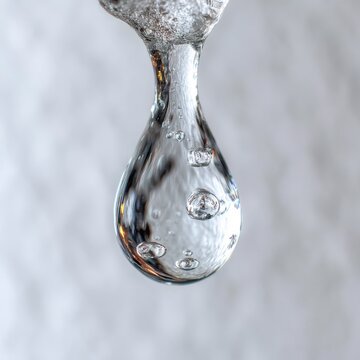 Detailed macro shot of a single transparent water droplet hanging with visible bubbles inside against a smooth blurred gray background showing fluid dynamics and cla