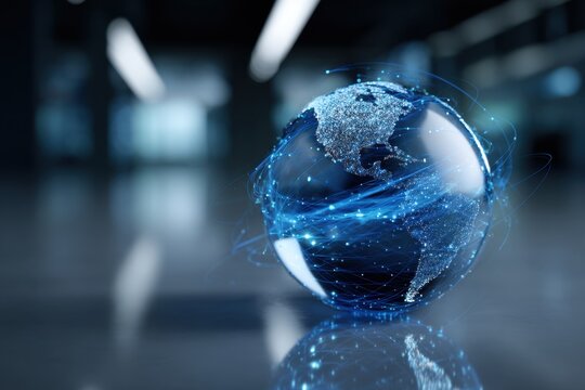 Digital globe with interconnected blue light trails symbolizing global communication network and advanced technological connectivity in a modern environment