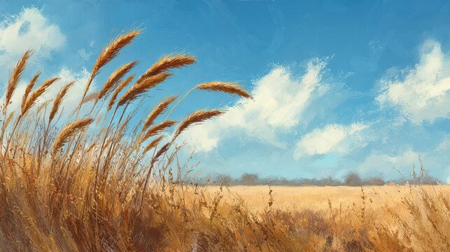 Golden wheat field against a clear azure sky - tranquil pastoral illustration
