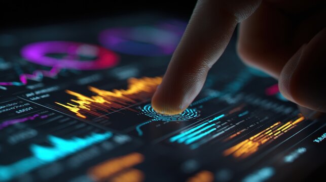 Finger interacting with futuristic touchscreen displaying colorful data visualizations and graphs in a high-tech digital analytics interface environment