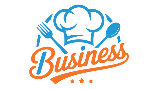 Buffet Restaurant Logo Illustration with Blue Chefs, Utensils, and Orange &ldquo;Business&rdquo; Script Styling Featuring Food Service, Chef Icon, Fork and Knife