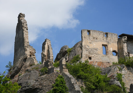 Durnstein Castle ruins in Krems, Austria on green hill representing historic architecture and cultural heritage