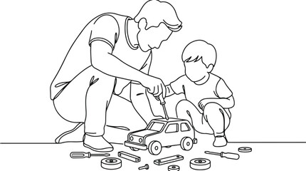 Fototapeta premium Man and boy fixing toy car with tools