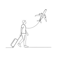 Obraz premium Man With Suitcase And Airplane Line Drawing Minimalist Style