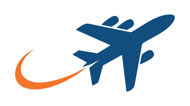 Airplane Transportation Symbol with Blue Jet Silhouette and Orange Curved Swoosh for Travel and Aviation Branding