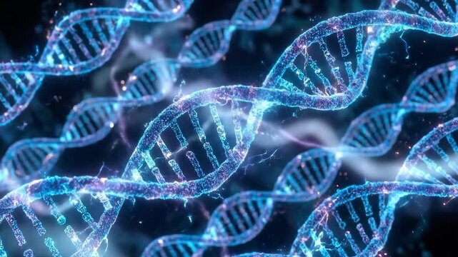 DNA double helix structures in glowing blue. Suitable for science, medicine, biotechnology, education, and research.