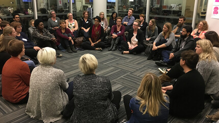 Obraz premium Engaged Teamwork in Diverse Group Discussion: Elevate Collaboration & Interpersonal Skills in a Modern Networking Environment