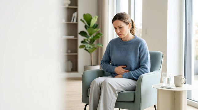 Woman managing bladder infection symptoms at home