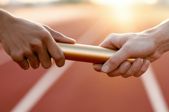Relay race baton exchange between two athletes on a running track during sunset, showcasing hands gripping a gold baton with blurred background