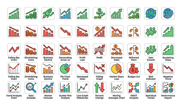 Increase and Decrease Line Art Icon Set &ndash; Business Growth, Decline, and Trend Analysis Collection