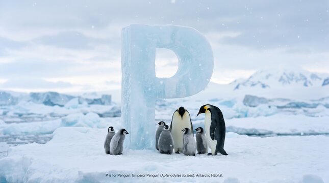 Creative educational scene featuring penguins around a giant letter P in an icy polar environment.