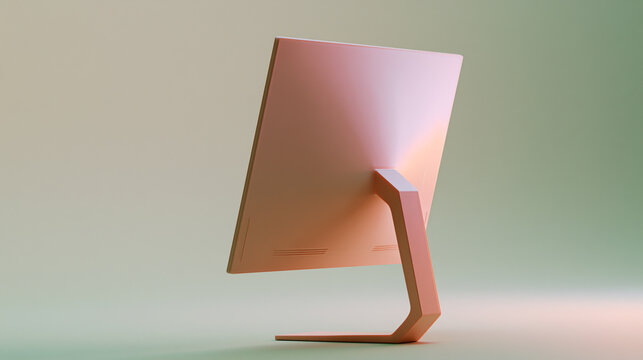 Rear Angle View of Slim Modern Pink Computer Monitor Standing on Neutral Minimalist Studio Base Desk Surface