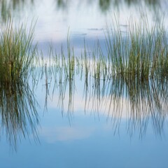 Fototapeta premium Tranquil wetland scene with green reeds reflecting on a calm water surface under a soft blue sky with scattered clouds in a peaceful natural environment