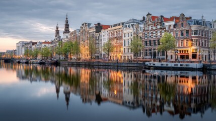 Obraz premium Tranquil Evening View of Historic Buildings Reflecting in Canals Under a Soft Skylight