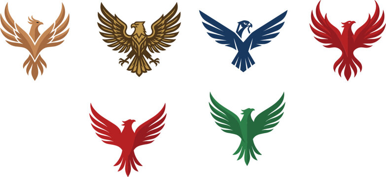 Collection of majestic eagle falcon and phoenix bird logos representing power heraldry freedom strength corporate identity security brands and esports team mascots vector badges