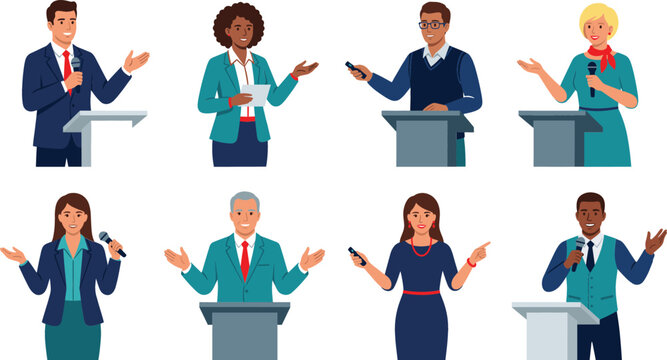 Diverse public speakers and business presenters set standing at podium speaking into microphone giving speech isolated on white background flat vector