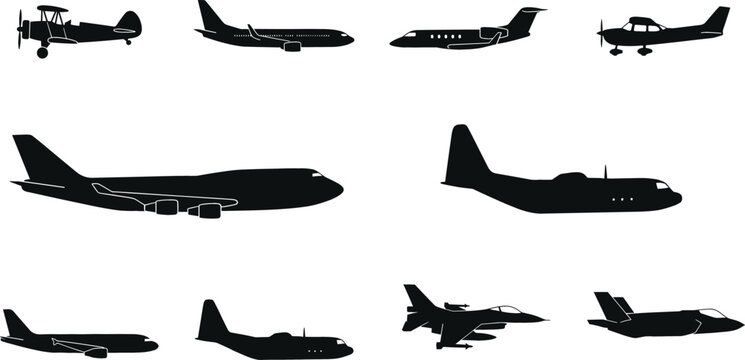 Set of airplane silhouettes including commercial jet passenger airliner military fighter jet cargo aircraft and vintage propeller biplane isolated vector illustration