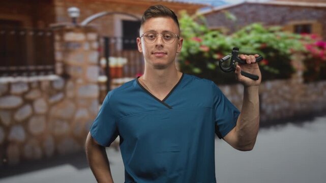 Man physiotherapist in blue scrubs holds hand gripper with forearm raised outside building; rehab confidence.