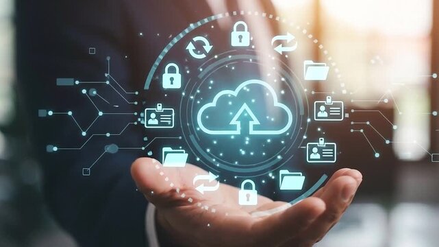Cloud Storage and Data Security Concept: Glowing Holographic Cloud Icon with Syncing Arrows and Padlocks Hovering Over Businessman's Palm