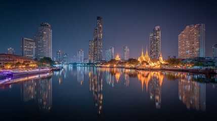 Obraz premium Stunning Reflections of Modern Skyline Along Chao Phraya River at Night with Vibrant City Lights