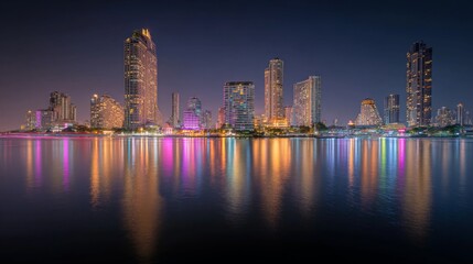 Obraz premium Stunning Night Skyline Overlooking the Chao Phraya River with Modern Architecture and Colorful Reflections on the Water