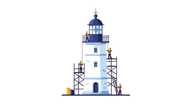 Lighthouse construction, workers on scaffolding, building a beacon