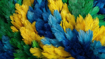 Obraz premium Vibrant Colorful Feathers in Green, Yellow, and Blue Arrangement for Carnival Decoration and Celebration