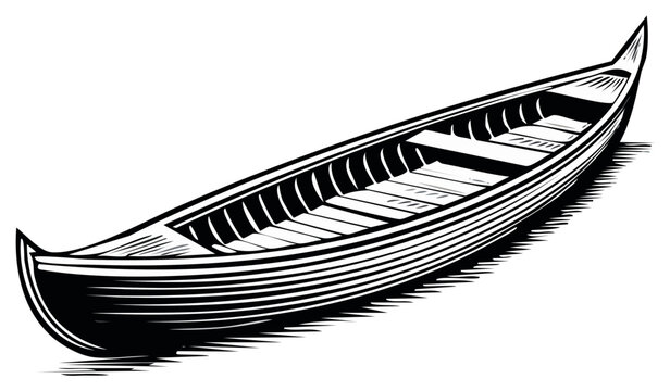 Detailed illustration of a wooden rowboat with a long narrow hull