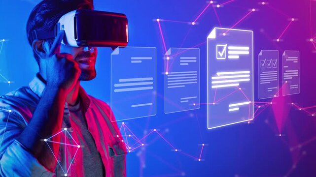 A man interacts with a virtual reality headset in a vividly lit space, surrounded by digital documents and abstract data visuals, illustrating futuristic technology concepts. Raster