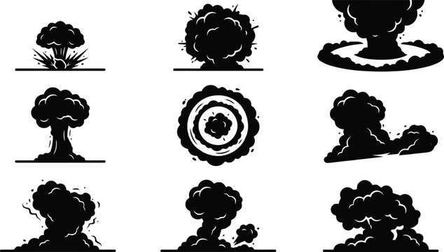 Collection of black silhouette explosion cloud icons and symbols bomb blast