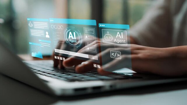 Close-Up of Hands Using Laptop with Futuristic AI Interface and Interactive Digital Elements Displaying Technology and Communication Concepts. Entropy.