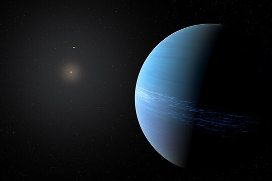Illustation d'une exoplan&egrave;te g&eacute;ant gazeuse. dont l'atmosph&egrave;re sup&eacute;rieure est zebr&eacute;e de cirrus d'ammoniac.