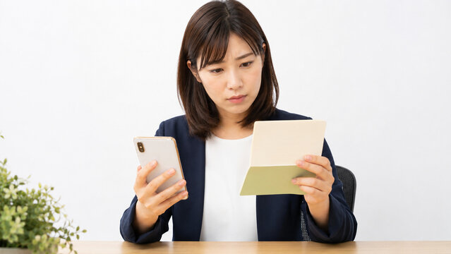 Young Japanese woman reviewing savings passbook at desk