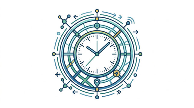 Abstract clock face with futuristic technological elements and connections.