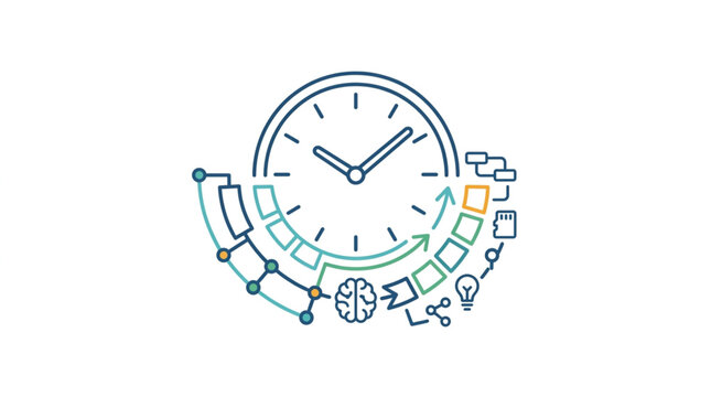 Abstract clock with technology and brain icons symbolizing time management and innovation.