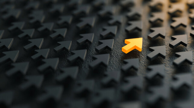 Single Yellow Arrow Icon Directed Upward Among Rows of Dark Gray Arrow Blocks Pointing Downward