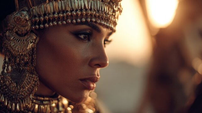 Majestic Queen Cleopatra in a Golden Palace Amidst Desert Winds with Luxurious Jewelry