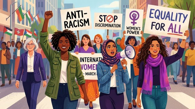 Illustration of female empowerment , Female power , diversity, strong girl concept , international woman day. Anti racism, stop discrimination